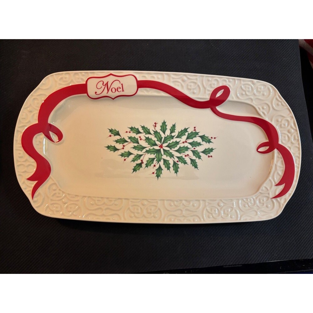 Lenox Holiday Carved Oblong Serving Plater Tray Decorative Christmas